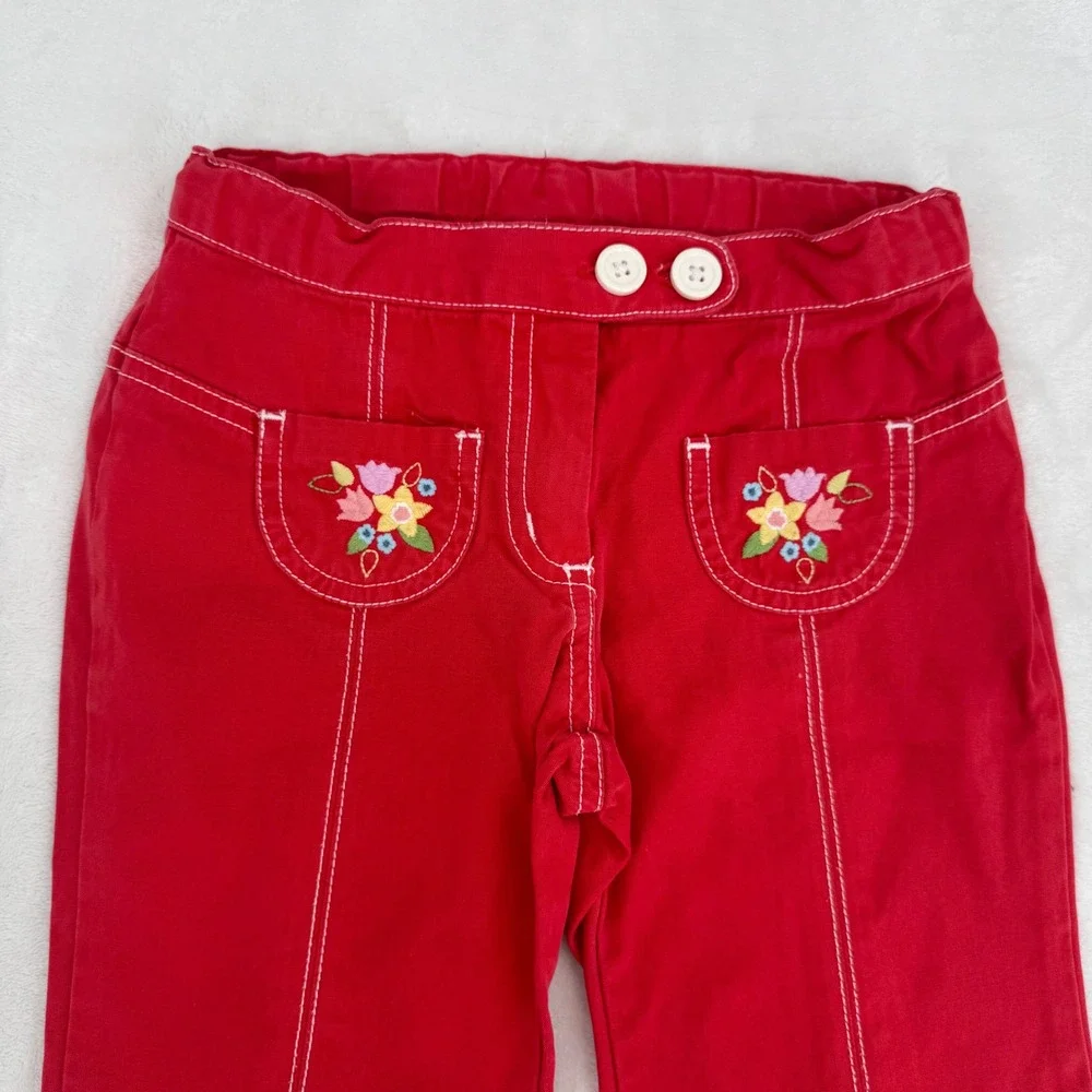 Vtg Y2K Gymboree Flare Pants Toddler Girls Size 4 Red Floral Embroidered Cotton